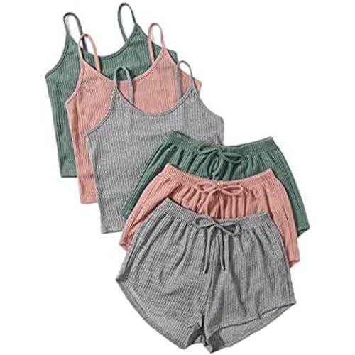 3pc Pyjama Damen Kurz, Schlafanzug Mädchen, Pyjama-Set Zweiteilige Shorty Nachtwäsche Set V Ausschnitt Reizvolle Ärmellose Shirt und Pyjamahosen Nightwear Komfort Casual Babydoll Einfarbiges 2024 von Briskorry