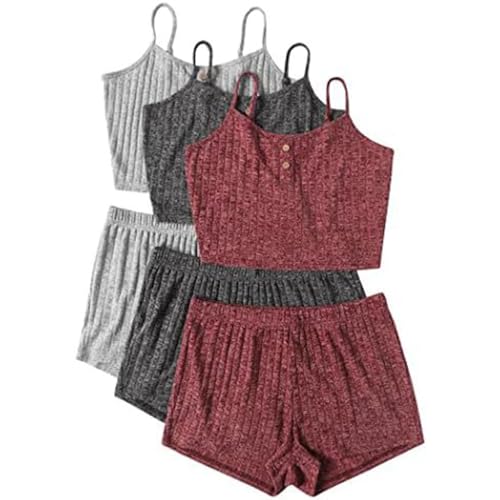 3pc Shorty Pyjama Damen, Schlafanzug Damen, Schlafanzüge Kurz Zweiteiler Nachtwäsche Reizvolle V-Ausschnit Camisole Top und Schlafhose Nachtkleidung Leicht Beiläufig Negligé Solide 2024 von Briskorry