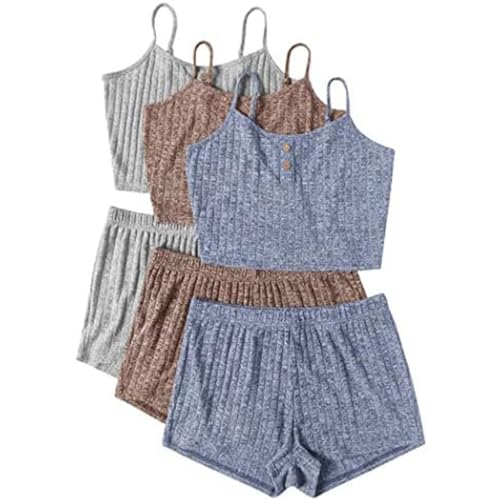 3pc Shorty Pyjama Damen, Schlafanzug Damen, Schlafanzüge Kurz Zweiteiler Nachtwäsche Reizvolle V-Ausschnit Camisole Top und Schlafhose Nachtkleidung Leicht Beiläufig Negligé Solide 2024 von Briskorry