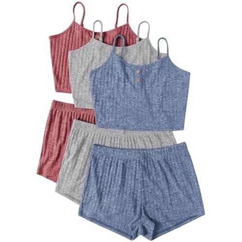 3pc Shorty Pyjama Damen, Schlafanzug Damen, Schlafanzüge Kurz Zweiteiler Nachtwäsche Reizvolle V-Ausschnit Camisole Top und Schlafhose Nachtkleidung Leicht Beiläufig Negligé Solide 2024 von Briskorry