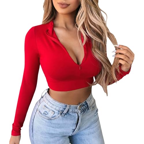 Basic Langarmshirt Damen Baumwolle, Crop Top Damen Langarm, Oberteile Bauchfreie Enges Tee Shirts V-Ausschnit Langen Ärmeln Tops Athletische Y2K Clean Girl Klamotten Solid Klassischer Streetwear von Briskorry