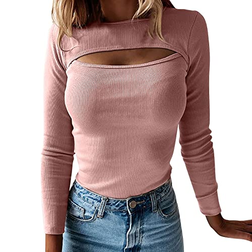 Basic Langarmshirt Damen Braun, Crop Top Langarm Damen, Oberteil Dehnbar Enge Tshirt Hohles Langärmliges Top Aesthetic Skims Clean Girl Klamotten Klassisch Einfarbiger Streetwear 2024 von Briskorry