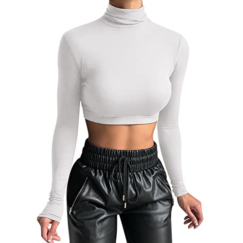 Basic Langarmshirt Damen Braun, Crop Tops Y2K, Oberteile Slim Fit Bauchfreie T Shirt Lange Ärmel Hochgeschlossen Shirt Skims Sexy Clean Girl Klamotten Klassische Solide Streetwear Lounge von Briskorry