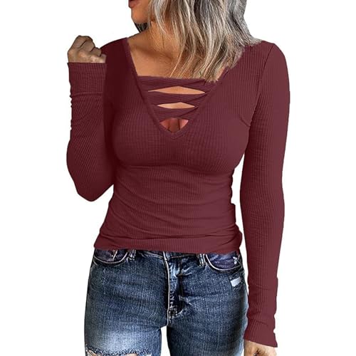 Basic Langarmshirt Damen Schwarz, Crop Tops Damen Schwarz Langarm, Oberteil Enges Stretch T Shirt V-Ausschnit Langen Ärmeln Shirt Y2K Sexy Stockholm Style Clothes Solide Klassische Streetwear von Briskorry