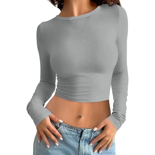 Basic Langarmshirt Damen Schwarz, Crop Tops Damen Schwarz Langarm, Oberteile Bauchfreies Enge Tshirts Rundhals Langärmelig Bluse Athletisch Y2K Unterziehshirt Klassischer Solid Streetwear Lässiger von Briskorry