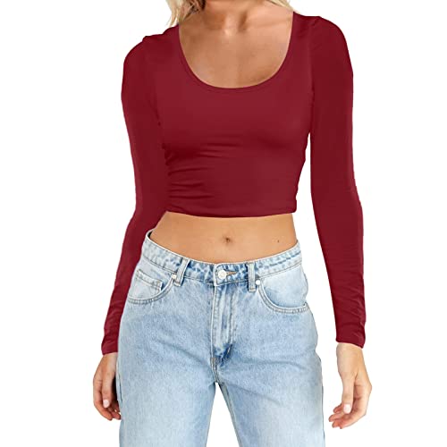 Basic Langarmshirt Damen Skims, Crop Tops Y2K, Oberteil Enge Bauchfreies Tee Shirts Longsleeve Rundhals Top Y2K Elegant Clean Girl Klamotten Basic Solid Streetwear Beiläufig von Briskorry