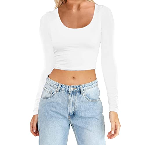 Basic Langarmshirt Damen Skims, Crop Tops Y2K, Oberteil Enge Bauchfreies Tee Shirts Longsleeve Rundhals Top Y2K Elegant Clean Girl Klamotten Basic Solid Streetwear Beiläufig von Briskorry