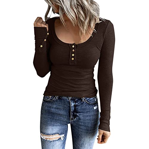 Basic Langarmshirt Damen mit Knopfleiste, Crop Top Langarm Sexy, Oberteil Dehnbar Enge Tee Shirt U Ausschnitt Lange Ärmel Bluse Y2K Elegant Unterziehshirt Einfarbiger Streetwear Beiläufig von Briskorry