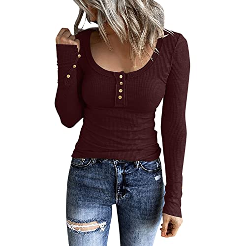 Basic Langarmshirt Damen mit Knopfleiste, Crop Top Langarm Sexy, Oberteil Dehnbar Enge Tee Shirt U Ausschnitt Lange Ärmel Bluse Y2K Elegant Unterziehshirt Einfarbiger Streetwear Beiläufig von Briskorry