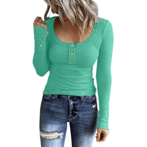 Basic Langarmshirt Damen mit Knopfleiste, Crop Top Langarm Sexy, Oberteile Stretch Enges Tee Shirt Long Sleeve U Ausschnitt Bluse Y2K Elegant Clean Girl Klamotten Einfarbiges Streetwear Beiläufig von Briskorry