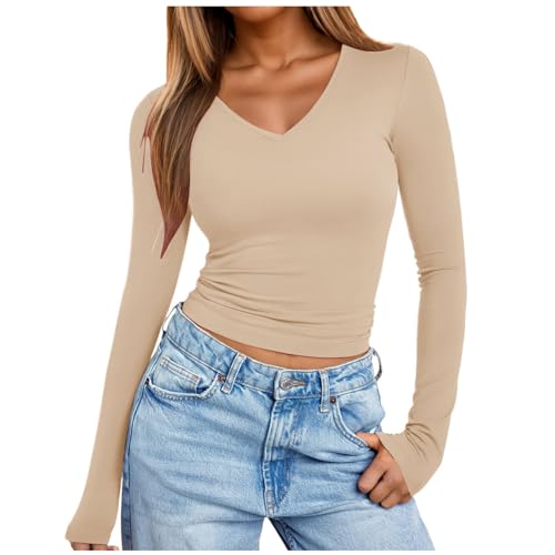 Bauchfreies Oberteil Damen Langarm, Crop Top Langarm Weiß, Oberteile Enge Bauchfreies Tshirt V-Ausschnit Longsleeve Shirt Athletisches Y2K Unterziehshirt Klassische Einfarbig Streetwear Frauen von Briskorry