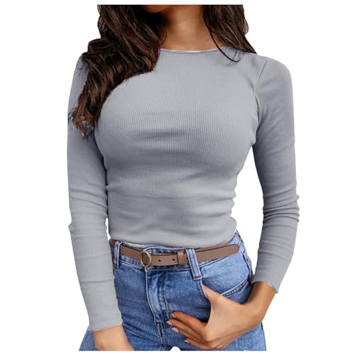 Bauchfreies Oberteil Damen Langarm, Crop Top Weiß Langarm, Oberteil Eng Stretch Tshirt Langen Ärmeln Rundhalsausschnitt Blusen Aesthetic Y2K Unterziehshirt Einfarbiges Klassischer Streetwear Frauen von Briskorry