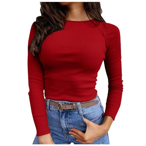 Bauchfreies Oberteil Damen Langarm, Crop Tops Damen Langarm, Oberteil Enges Stretch T Shirts Longsleeve Rund Ausschnitt Shirt Y2K Athletisch Unterziehshirt Basic Einfarbiges Streetwear Lounge von Briskorry