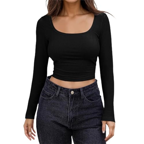 Briskorry Basic Langarmshirt Damen Skims, Crop Tops Damen Schwarz Langarm, Oberteile Enges Bauchfreies Tee Shirt Rechteckiger Ausschnitt Top Skims Athletische Clean Girl Klamotten Solid Streetwear von Briskorry