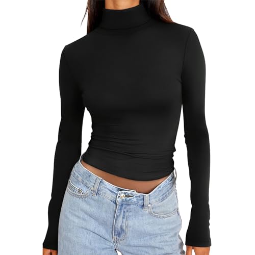 Briskorry Damen Langarmshirt Elegant, Crop Top Weiß Langarm, Oberteil Bauchfreies Enge T Shirt Rollkragen Long Sleeve Tops Skims Athletische Stockholm Style Clothes Basic Einfarbiges Streetwear 2024 von Briskorry