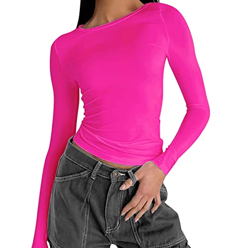 Briskorry Damen Langarmshirt Elegant, Crop Tops Damen Sport Langarm, Oberteil Eng Bauchfreie Tee Shirt Lange Ärmel Rundhals Blusen Elegant Y2K Clean Girl Klamotten Solid Klassische Streetwear Lässige von Briskorry