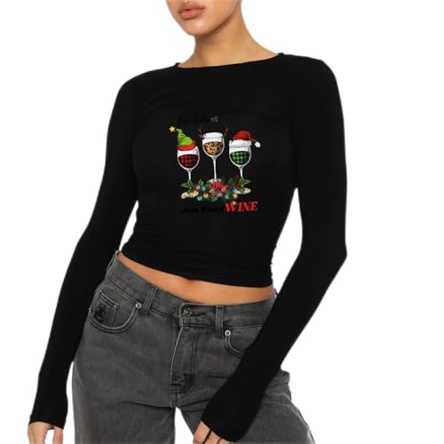 Briskorry Damen Langarmshirt Schwarz, Crop Top Damen Y2K, Oberteile Bauchfreies Enges T-Shirt Rundhalsausschnitt Long Sleeve Shirt Y2K Sexy Unterziehshirt Bedruckter Klassisch Streetwear Casual von Briskorry