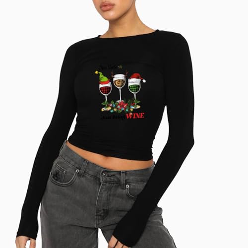 Briskorry Damen Langarmshirt Schwarz, Crop Top Damen Y2K, Oberteile Bauchfreies Enges T-Shirt Rundhalsausschnitt Long Sleeve Shirt Y2K Sexy Unterziehshirt Bedruckter Klassisch Streetwear Casual von Briskorry