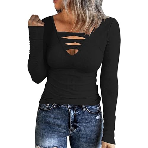 Briskorry Damen Langarmshirt Weiß, Crop Top Langarm Damen, Oberteile Dehnbar Enge Tshirts Langen Ärmeln V-Ausschnit Top Sexy Skims Stockholm Style Clothes Einfarbige Basic Streetwear Lässiges von Briskorry