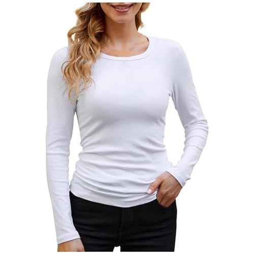 Briskorry Damen Langarmshirt Weiß, Crop Top Y2K, Oberteile Enges Stretch T-Shirts Rundhals Langärmelig Shirt Skims Elegant Clean Girl Klamotten Einfarbiger Klassischer Streetwear Lässig von Briskorry