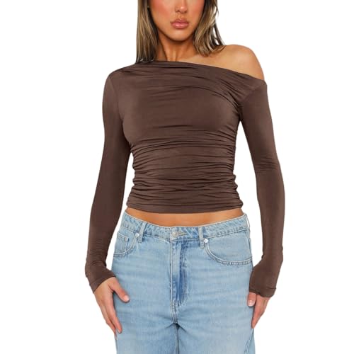 Briskorry Damen Oberteile Langarm, Crop Tops Damen Y2K, Oberteil Enge Bauchfreies Tshirts Schulterfreies Long Sleeve Tops Skims Elegant Unterziehshirt Klassischer Solid Streetwear Freizeit von Briskorry