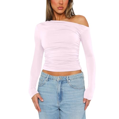 Briskorry Damen Oberteile Langarm, Crop Tops Damen Y2K, Oberteil Enge Bauchfreies Tshirts Schulterfreies Long Sleeve Tops Skims Elegant Unterziehshirt Klassischer Solid Streetwear Freizeit von Briskorry