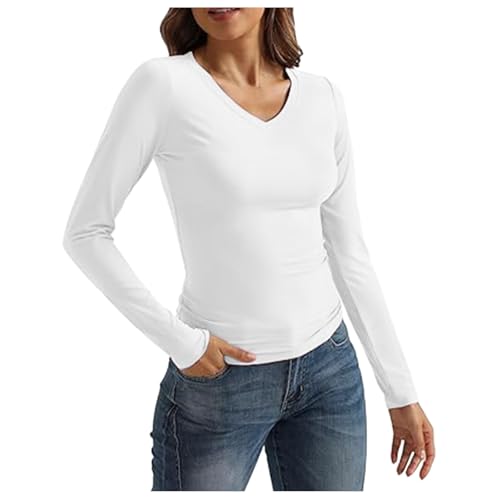 Briskorry Damen Oberteile Langarm, Crop Tops Damen Y2K, Oberteil Slim Fit Stretch Tshirts Langärmelig V-Ausschnitt Top Y2K Athletisch Clean Girl Klamotten Basic Einfarbiger Streetwear Lässiges von Briskorry