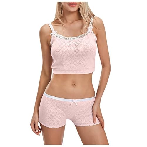 Briskorry Damen Shorty Pyjama Kurz, Schlafanzug Damen Kurz, Pjs Zweiteiler Kurz Nachtwäsche Spitze Spleiß V Ausschnitt Ärmellos Shirt und Short Nightwear Casual Kuschelig Bodysuit Aufdruck Halloween von Briskorry