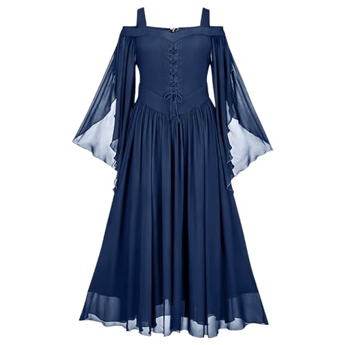 Briskorry Kleid Mittelalter Damen, Renaissance Kleid Grün, Gothic Kleid Mesh Retro Maxikleid Trompetenärmel Gebunden Taille Partykleider Frabblock Schulterfreies Festlich Kostüm Mittelalterliches von Briskorry