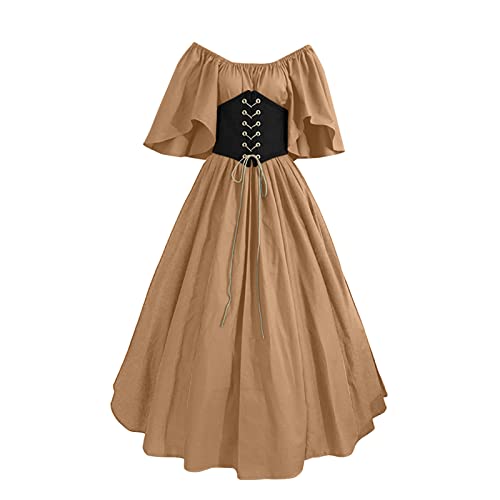 Briskorry Kleid Mittelalter Damen, Renaissance Kleid Weiß, Gothic Kleid Mesh Retro Maxikleid Trompetenärmel Gesmokte Taille Partykleid Schulterfrei Frabblock Schnürkleid Mittelalterliches von Briskorry