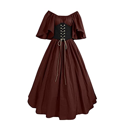 Briskorry Kleid Mittelalter Damen, Renaissance Kleid Weiß, Gothic Kleid Mesh Retro Maxikleid Trompetenärmel Gesmokte Taille Partykleid Schulterfrei Frabblock Schnürkleid Mittelalterliches von Briskorry