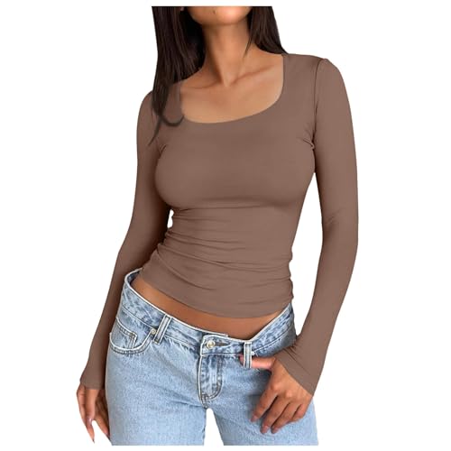 Briskorry Langarm Shirts Damen, Crop Tops Damen Schwarz Langarm, Oberteil Bauchfreies Enge T-Shirts U Ausschnitt Lange Ärmel Bluse Elegant Y2K Unterziehshirt Solide Klassisch Streetwear Lässiger von Briskorry