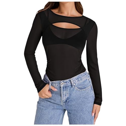 Briskorry Langarm Shirts Damen, Crop Tops Damen Y2K, Oberteile Dehnbar Enges T Shirts Rundhalsausschnitt Longsleeve Shirt Athletische Y2K Unterziehshirt Solide Mesh Streetwear Casual von Briskorry