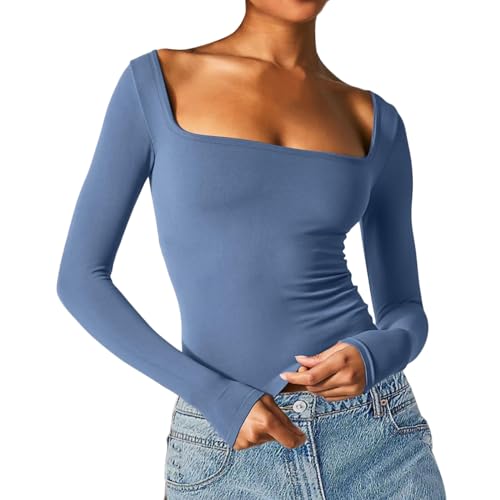 Briskorry Langarmshirt Damen Elegant, Crop Tops Damen Langarm, Oberteile Dehnbar Enges Tee Shirts Long Sleeve Quadratischer Ausschnitt Blusen Skims Clean Girl Klamotten Klassischer Solid Streetwear von Briskorry