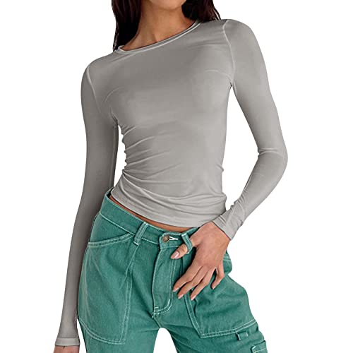 Briskorry Langarmshirt Damen Grau, Crop Tops Damen Langarm Weiß, Oberteil Bauchfreies Eng T-Shirt Rund Ausschnitt Langarm Shirts Athletische Skims Unterziehshirt Basic Einfarbig Streetwear Freizeit von Briskorry