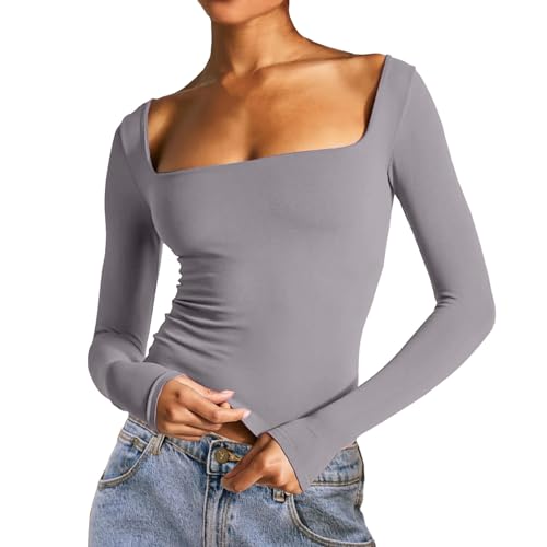 Briskorry Langarmshirts für Damen, Crop Top Langarm Weiß, Oberteile Enge Bauchfreies Tshirts Langärmelig Quadratischer Ausschnitt Blusen Elegant Y2K Unterziehshirt Klassische Solid Streetwear Casual von Briskorry