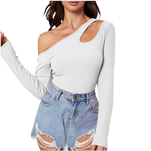 Briskorry Langarmshirts für Damen, Crop Top Y2K Aesthetic, Oberteil Enge Dehnbar Tee Shirts Schulterfrei Langärmliges Top Y2K Athletisch Unterziehshirt Unregelmäßige Einfarbiger Streetwear Freizeit von Briskorry