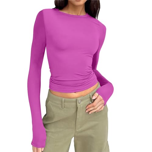 Briskorry Long Sleeve Shirt Women Y2K, Crop Top Langarm Sexy, Oberteil Bauchfreie Slim Fit Tee Shirt Lange Ärmel Rundhals Shirt Sexy Skims Stockholm Style Clothes Klassisch Solide Streetwear Lässiges von Briskorry