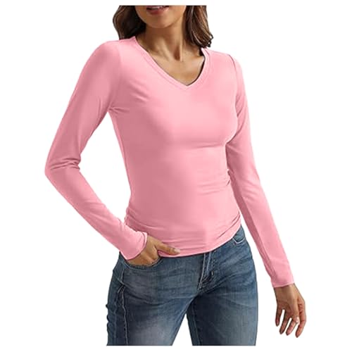 Briskorry Long Sleeve Top Women, Crop Tops Damen Langarm Weiß, Oberteil Enges Dehnbar T-Shirt Langarm V Ausschnitt Bluse Y2K Athletische Stockholm Style Clothes Basic Einfarbiges Streetwear Lässiger von Briskorry