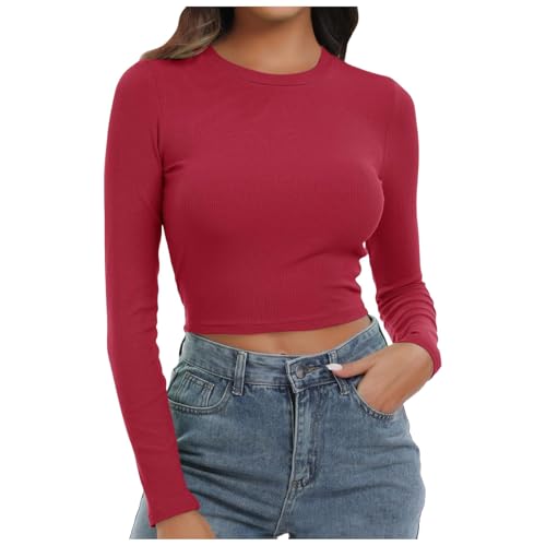 Briskorry Longshirt Damen Eng, Crop Top Y2K, Oberteil Slim Fit Bauchfreies Tee Shirt Langärmliges Rundhalsausschnitt Blusen Elegant Y2K Unterziehshirt Klassischer Solid Streetwear Lounge von Briskorry