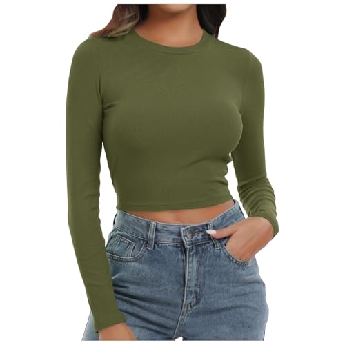 Briskorry Longshirt Damen Eng, Crop Top Y2K, Oberteil Slim Fit Bauchfreies Tee Shirt Langärmliges Rundhalsausschnitt Blusen Elegant Y2K Unterziehshirt Klassischer Solid Streetwear Lounge von Briskorry