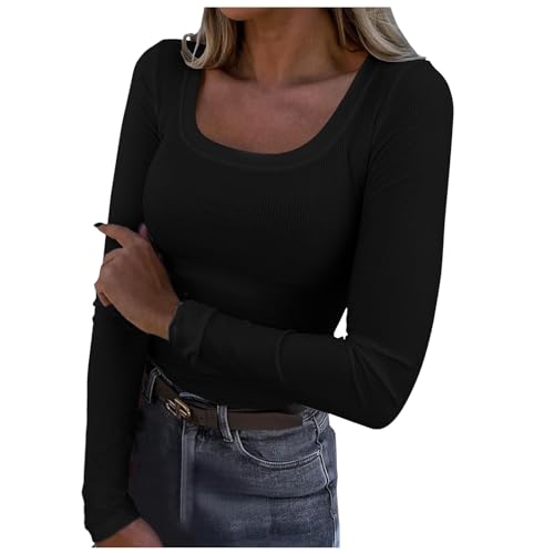 Briskorry Longshirt Damen Eng, Crop Tops Damen Langarm Weiß, Oberteil Stretch Enge T-Shirt U-Ausschnitt Longsleeve Top Y2K Aesthetic Stockholm Style Clothes Klassisch Solid Streetwear Lässige von Briskorry