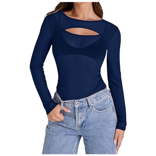 Briskorry Longsleeve Damen Sport, Crop Top Y2K, Oberteile Dehnbar Slim Fit T-Shirts Langärmelig Rund Ausschnitt Shirt Skims Athletisch Clean Girl Klamotten Mesh Einfarbiges Streetwear Freizeit von Briskorry