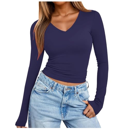 Briskorry Longsleeve Damen Weiß, Crop Tops Damen Y2K, Oberteil Bauchfreies Slim Fit T-Shirt V Ausschnitt Langarm Shirts Skims Elegant Stockholm Style Clothes Solide Klassisch Streetwear Lounge von Briskorry