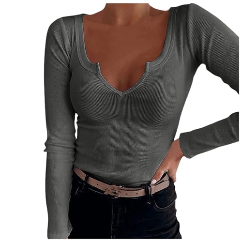 Briskorry Longsleeve Damen Y2K, Crop Top Langarm Schwarz, Oberteile Dehnbar Enges Tee Shirts Langarm V-Ausschnit Shirt Y2K Aesthetic Stockholm Style Clothes Einfarbige Klassischer Streetwear Frauen von Briskorry