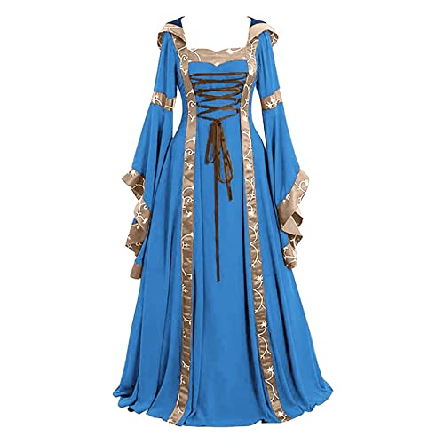 Briskorry Mittelalter Kleid Damen, Renaissance Kleider Damen, Gotischen Kleider Retro Mesh Maxikleider Trompetenärmel Gebunden Taille Partykleid Frabblock Schulterfrei Karneval Kostüm Cosplay von Briskorry