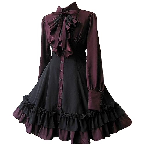 Briskorry Mittelalter Kleid Damen, Renaissance Kleidung Damen, Gothiches Kleid Retro Spitzen Maxikleider Ausgestellten Ärmeln Gebunden Taille Partykleid Schulterfreies Frabblock Fasching Kostüm Party von Briskorry