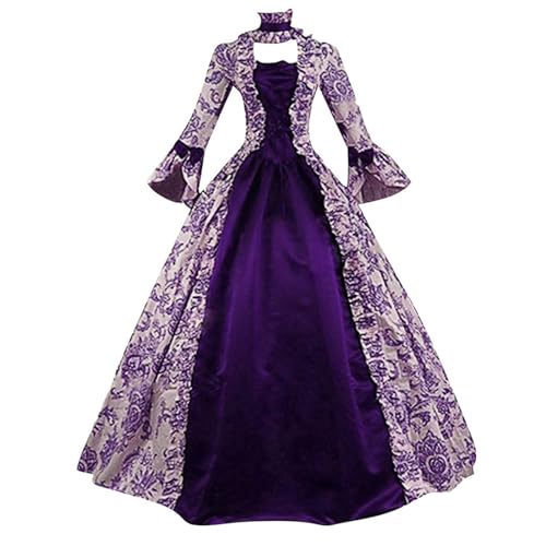 Briskorry Mittelalter Kleid Mädchen, Renaissance Kleid Damen, Gothiches Kleider Retro Spitze Maxikleid Gesmokte Taille Trompete Ärmel Partykleid Schulterfrei Frabblock Viktorianisches Kleider Cosplay von Briskorry