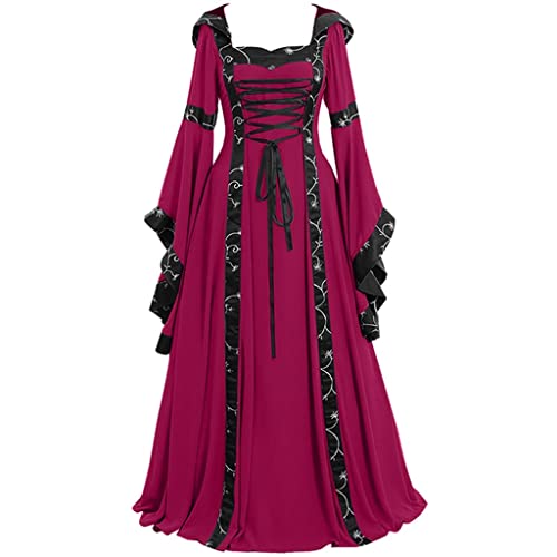 Briskorry Mittelalter Kleid Mädchen, Renaissance Kleid Damen Sommer, Gothic Kleider Spitze Retro Maxikleider Gebunden Taille Trompetenärmel Partykleid Frabblock Schulterfrei Hexenkleid Traditionelles von Briskorry