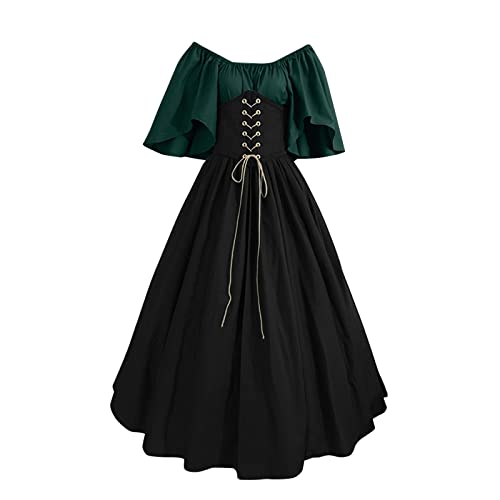 Briskorry Mittelalter Kleid Mädchen, Renaissance Kleid Mädchen, Gothic Kleider Mesh Retro Maxikleider Trompetenärmel Gebunden Taille Partykleider Schulterfreie Frabblock Hexenkleid Party von Briskorry